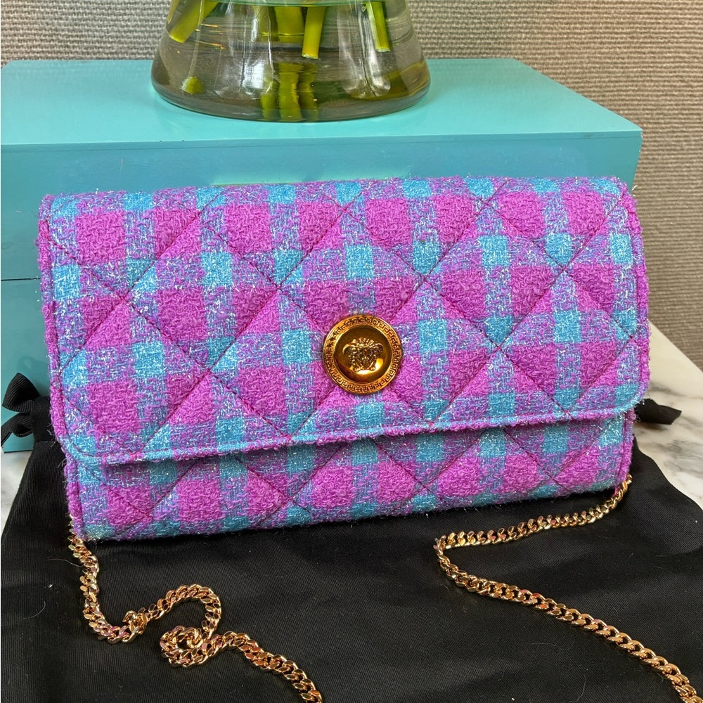 NWT Authentic Versace Pink Purple Blue Wool Tweed Checkered WOC Wallet On Chain - Picture 2 of 11